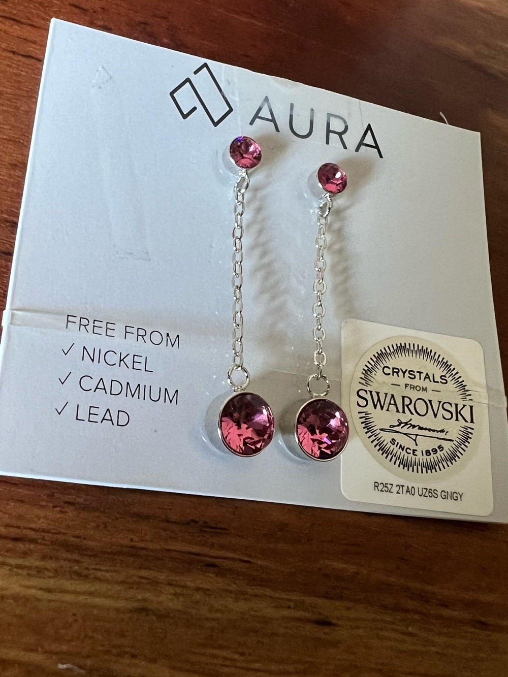NWT AURA Pink Swarovski Crystal Drop Earrings Silver Tone Minimalist
